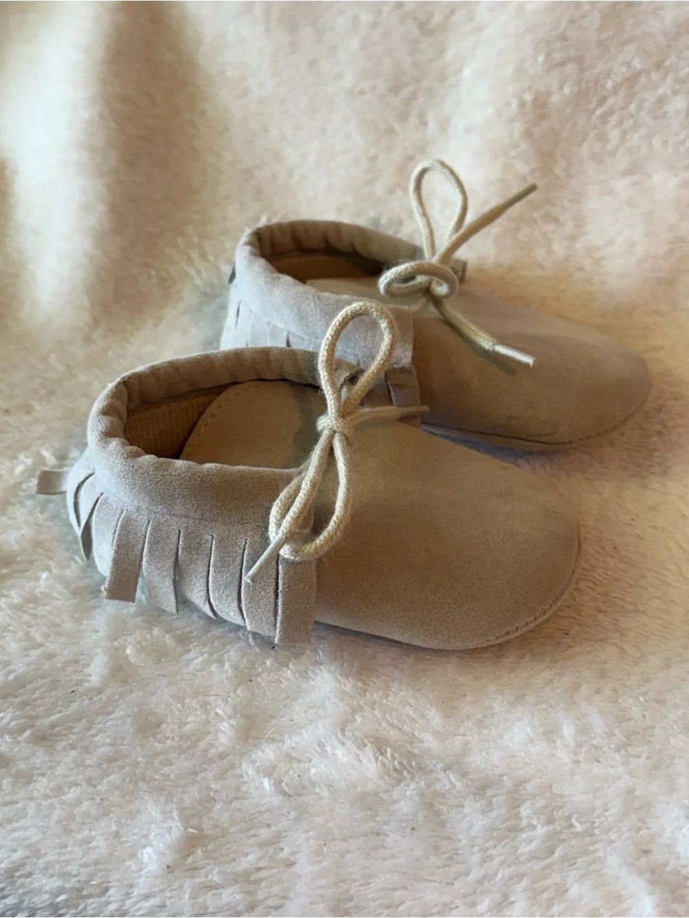 Soft Cream Moccasin Baby Shoes with Fringe Tie